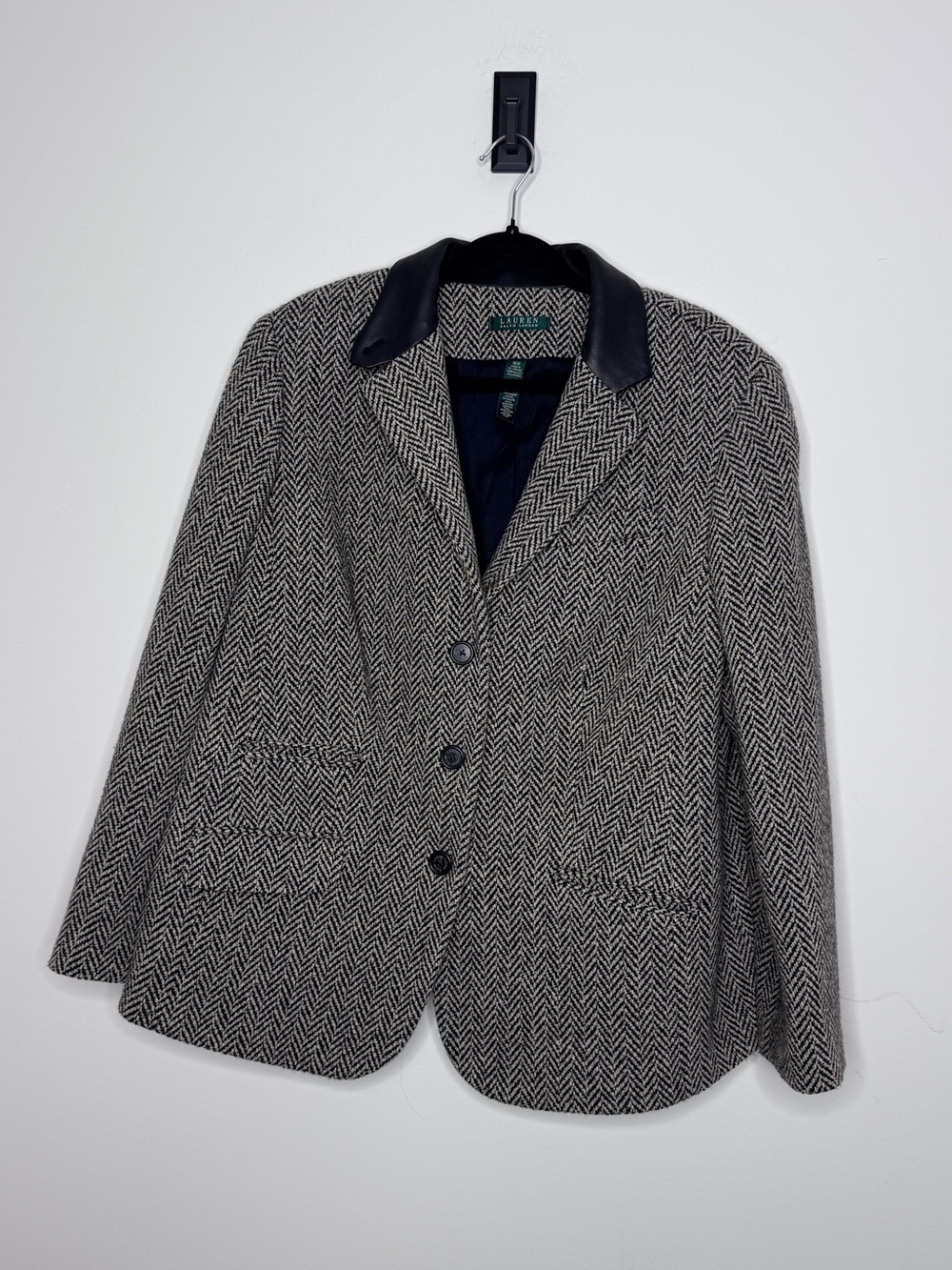 Ralph Lauren Black & Gray Herringbone Wool Blazer with Black Leather Collar